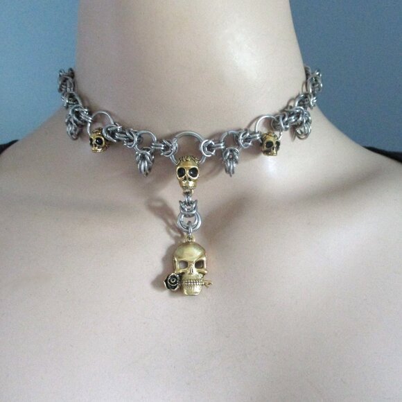 Gold Skulls Rose Silver Chain Maille Link Choker Boot Chain Rocker Goth Punk Fun - Picture 1 of 10